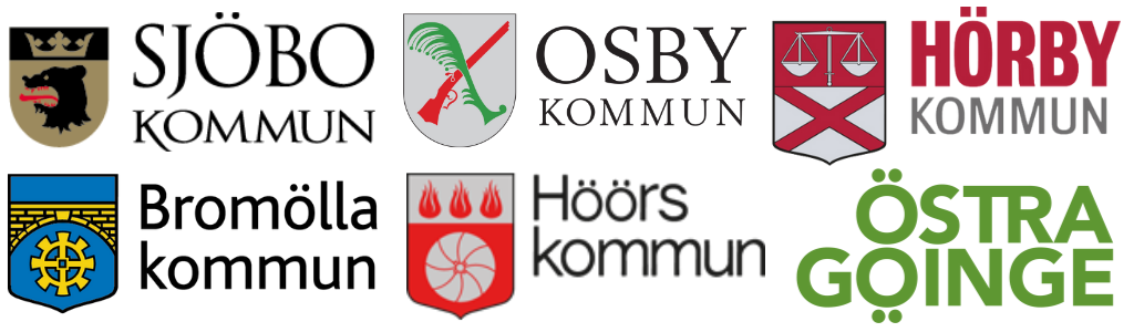 Sjöbo, Osby, Hörby, Bromölla, Höörs och Östra Göinge kommunloggor. 