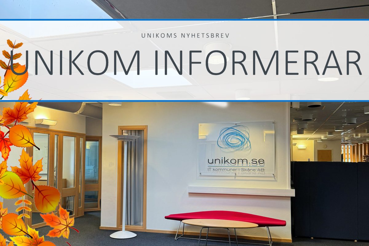 Unikom informerar. Ingången till Hörby kontoret. På bilden finns illustrerade höstlöv.